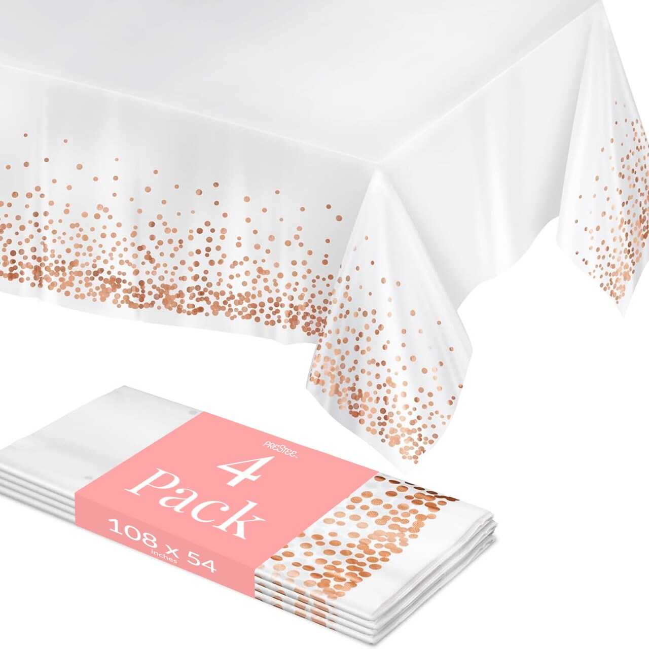 Prestee Rose Gold Plastic Table Cloth Disposable, 4 Pack - 54x108 Inch Rectangle Tablecloths for Wedding and Party - Heavy-Duty, Waterproof Table Covers - Pink and Gold, for Birthday or Fine Dining